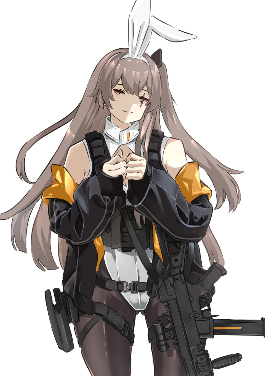 1girl black_jacket black_pantyhose brown_eyes cleavage_cutout clothing_cutout commentary girls'_frontline grey_hair gun h&amp;k_ump hair_ornament highres holster jacket leotard load_bearing_vest long_hair looking_at_viewer mutugorou_u one_side_up own_hands_together pantyhose playboy_bunny scar scar_across_eye scar_on_face simple_background smile snap-fit_buckle solo submachine_gun thigh_holster thigh_strap ump45_(girls'_frontline) weapon white_background white_leotard