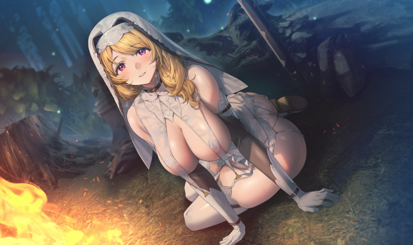 1girl absurdres bare_shoulders blonde_hair blush breast_curtains breasts campfire cleavage dress elbow_gloves fire forest garter_belt gloves habit headdress headwear_request highres hiyashi_mirano large_breasts lingerie long_hair looking_at_viewer nature night nipples no_bra non-web_source nun original outdoors parted_lips purple_eyes see-through sitting smile solo thighhighs thighs underwear veil white_gloves white_thighhighs