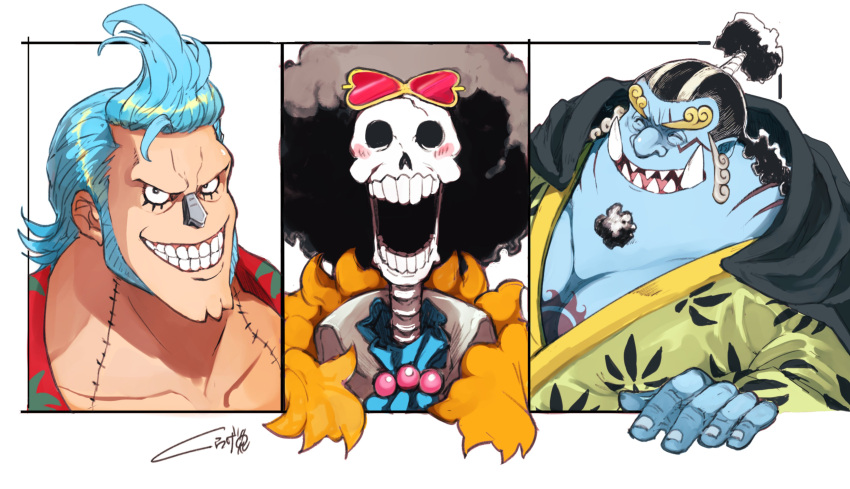 3boys absurdres afro ascot black_hair blue_skin blush brook_(one_piece) colored_skin curly_eyebrows eyewear_on_head facial_hair fins fish_boy franky_(one_piece) goatee grin hand_up highres ippaiotabe_mkw jinbe_(one_piece) large_pectorals laughing long_sideburns looking_at_viewer male_focus mature_male multiple_boys muscular muscular_male one_piece outside_border pectorals pointy_ears short_hair sideburns skeleton smile spiked_hair split_screen stitches sunglasses tusks undead