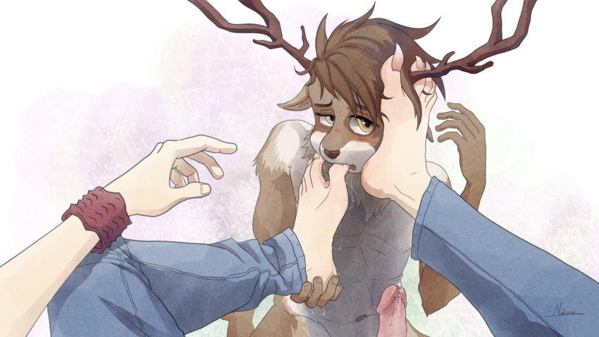 alasker_(artist) anthro barefoot between_toes bodily_fluids deer dominant dominant_male dominant_pov drool_on_feet duo erection feet first_person_view foot_fetish foot_grab foot_in_mouth foot_on_face foot_on_head foot_play foot_suck genital_fluids hi_res human human_on_anthro humanoid_feet interspecies looking_up_at_another male male/male male_feet mammal plantigrade precum saliva saliva_on_foot saliva_string submissive submissive_male sucking toe_in_mouth toe_suck toes worship