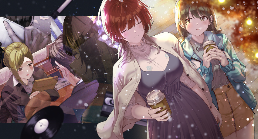 1boy 1other 4girls aketa_mikoto blurry blush breasts closed_eyes cup depth_of_field fingernails highres holding holding_cup idolmaster idolmaster_shiny_colors ikaruga_luca jacket jacket_on_shoulders kaede_(harutan109) large_breasts light_particles looking_at_another multiple_girls nail_polish nanakusa_hazuki nanakusa_nichika office_lady outdoors producer_(idolmaster) record shhis_(idolmaster) short_twintails smile talking_on_phone tumbler twintails