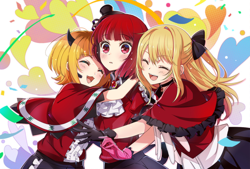 3girls :3 arima_kana black_bow black_choker black_gloves black_headwear black_horns black_skirt blonde_hair blunt_bangs blush bob_cut bow capelet center_frills choker closed_eyes collared_shirt commentary confetti earpiece eyelashes fake_horns fang frilled_capelet frills gloves hair_bow halftone_texture happy hat heart horns hoshino_ruby hug idol inverted_bob long_hair memcho mini_hat multiple_girls no_pupils nyoro_(nyoronyoro000) open_mouth oshi_no_ko pink_gloves red_brooch red_capelet red_eyes red_hair red_shirt shirt shirt_tucked_in short_hair skirt smile tearing_up tears teeth upper_teeth_only white_jabot