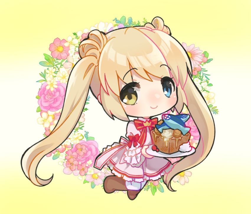 1girl blonde_hair blue_eyes blush boots brown_footwear c: cake cake_slice chibi closed_mouth commentary crown dress eyelashes eyes_visible_through_hair fish floral_print flower_wreath food frilled_dress frilled_sleeves frills hair_between_eyes happy heterochromia highres holding holding_plate kazamatsuri_institute_high_school_uniform long_hair looking_at_viewer making-of_available may_salamanya mini_crown nakatsu_shizuru neck_ribbon pantyhose pink_dress plate red_ribbon rewrite ribbon school_uniform short_dress simple_background smile solo standing twintails very_long_hair white_pantyhose wide_sleeves yellow_background yellow_eyes