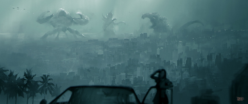 1other blurry blurry_foreground car character_request city cityscape dated giant giant_monster godzilla godzilla_(series) halil_ural highres kaijuu looking_afar monster mothra motor_vehicle palm_tree reflection scenery signature tree urban windshield