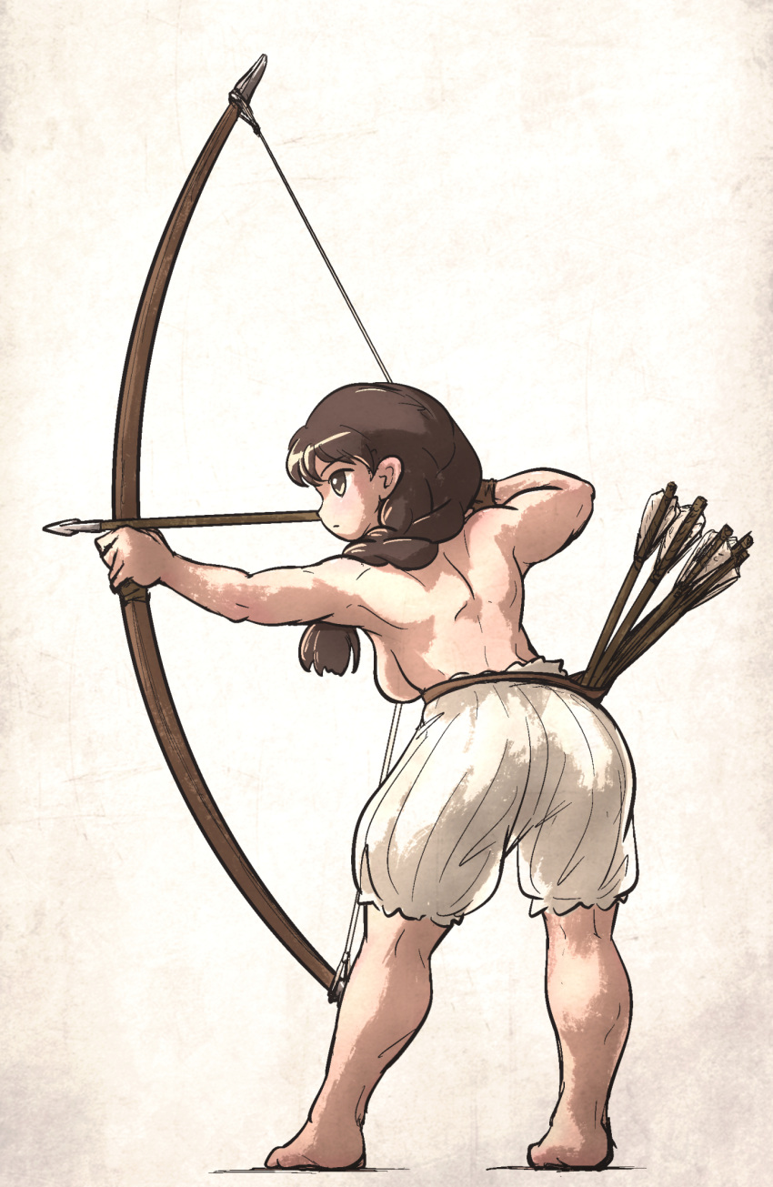 1girl aiming archery arrow_(projectile) bloomers bow_(weapon) breasts brown_hair drawing_bow highres holding holding_arrow holding_bow_(weapon) holding_weapon ironlily original quiver sideboob underwear weapon white_bloomers