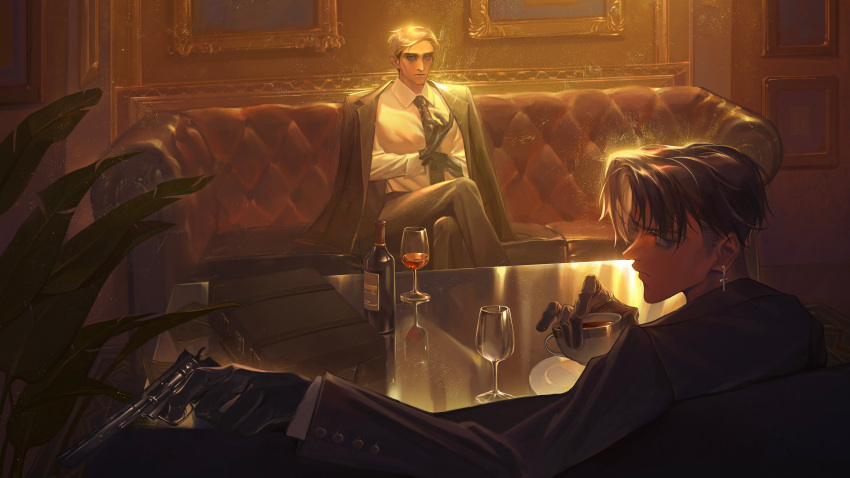 2boys absurdres alternate_costume alternate_universe alternate_weapon black_hair blonde_hair couch cross cross_earrings crossed_legs cup drinking_glass earrings erwin_smith frown gloves gun highres holding holding_cup holding_gun holding_weapon jewelry l.k_(lk_cyz) levi_(shingeki_no_kyojin) looking_at_viewer mafia male_focus multiple_boys necktie paradis_military_uniform perspective shingeki_no_kyojin short_hair suit teacup thick_eyebrows upper_body weapon wine_glass