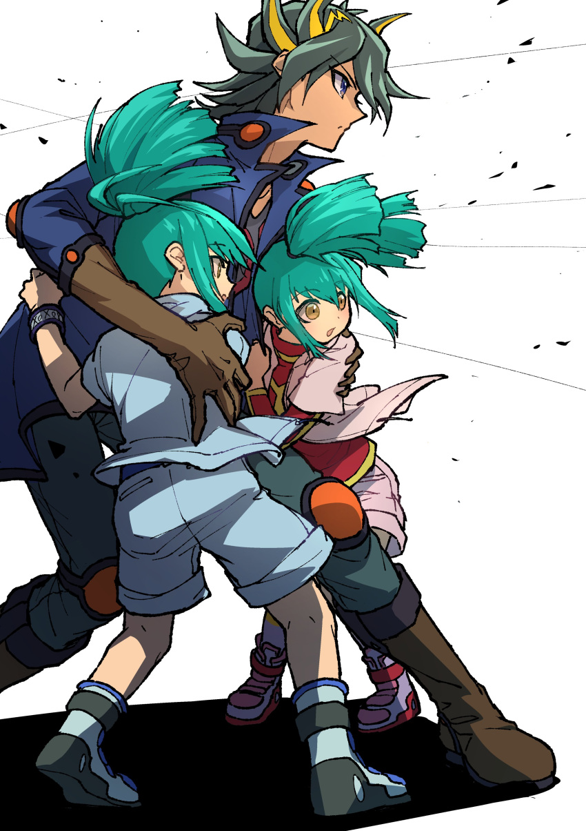 1girl 2boys :o absurdres arm_on_another's_shoulder battle battlefield black_hair black_shirt blue_eyes blue_footwear blue_jacket blue_shorts boots brother_and_sister brown_eyes brown_footwear brown_gloves child clothes_grab fudou_yuusei gloves grabbing green_hair hand_on_another's_back high_collar high_ponytail highres jacket knee_pads lua_(yu-gi-oh!) luca_(yu-gi-oh!) male_focus multicolored_hair multiple_boys open_clothes open_jacket padded_jacket pants pink_footwear pink_jacket pink_shorts protecting red_shirt serious shadow shirt short_hair short_ponytail short_twintails shorts siblings sidelocks spiked_hair standing streaked_hair sweater turtleneck turtleneck_sweater twins twintails white_background wind wristband youko-shima yu-gi-oh! yu-gi-oh!_5d's