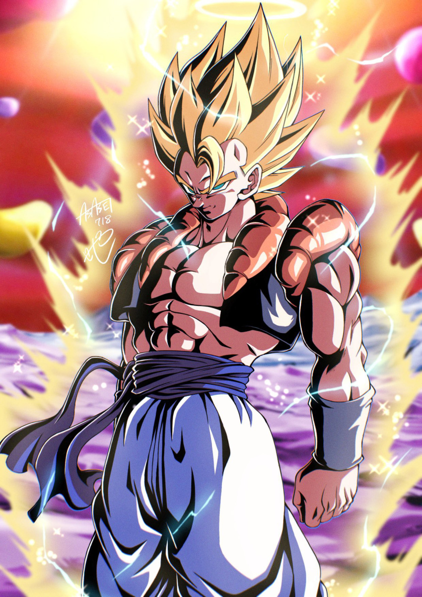 1boy abs arms_at_sides artist_name aura baggy_pants biceps blonde_hair blue_eyes blue_sash blurry blurry_background bracer closed_mouth commentary_request cowboy_shot dragon_ball dragon_ball_z electricity energy gogeta hair_between_eyes highres looking_at_viewer male_focus metamoran_vest muscular muscular_male open_clothes open_vest pants pectorals sash serious seya_(asasei_718) signature solo spiked_hair standing super_saiyan super_saiyan_1 v-shaped_eyebrows vest white_pants