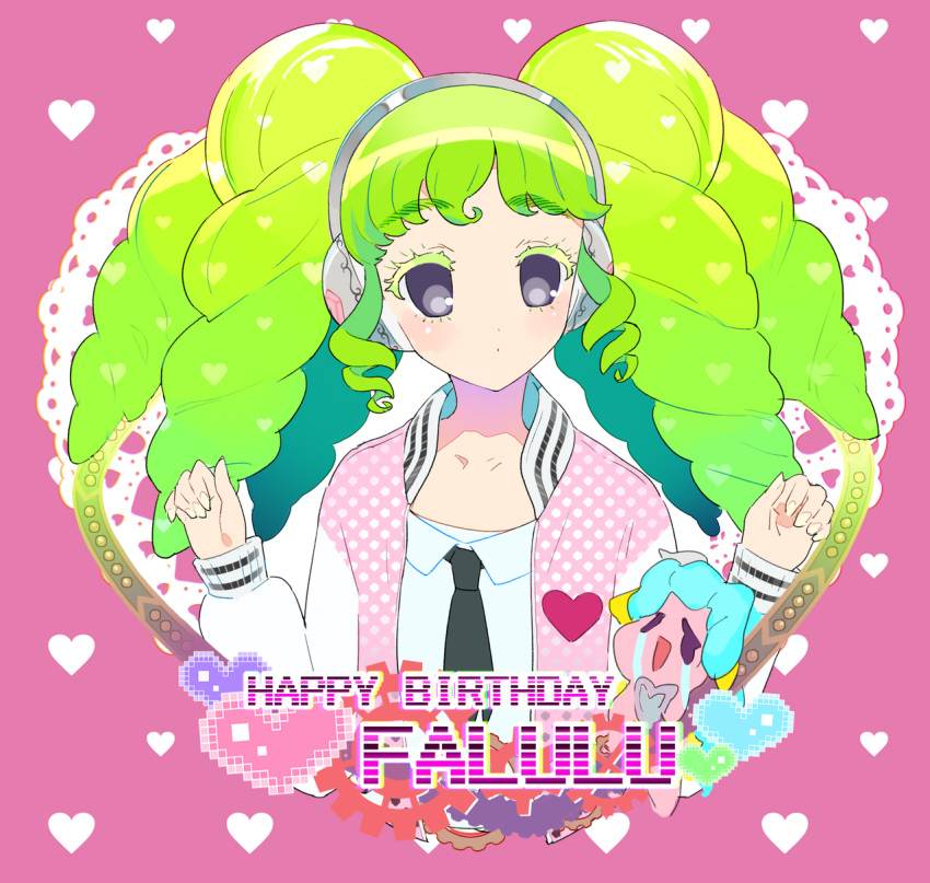 1girl black_necktie character_name colored_eyelashes crying crying_with_eyes_open drill_hair expressionless falulu green_hair grey_eyes hands_up happy_birthday headphones heart highres jacket long_hair long_sleeves looking_at_viewer moudoku_(decopon3rd) necktie open_clothes open_jacket pink_background pink_jacket pixelated pretty_(series) pripara shirt sidelocks solo streaming_tears tears twin_drills twintails unicorn_(pripara) upper_body white_shirt