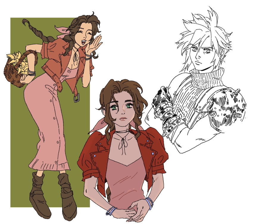 1boy 1girl aerith_gainsborough armor bangle basket boots bracelet braid braided_ponytail breasts brown_footwear brown_hair choker cleavage closed_eyes cloud_strife cropped_jacket crossed_arms dress final_fantasy final_fantasy_vii final_fantasy_vii_remake flower flower_basket full_body green_background green_eyes hair_ribbon hand_to_own_mouth highres holding holding_basket jacket jewelry leaning_forward leslie_hung lily_(flower) lineart long_dress long_hair medium_breasts multiple_views open_mouth own_hands_together parted_bangs pink_dress pink_ribbon puffy_short_sleeves puffy_sleeves red_jacket ribbon ribbon_choker short_sleeves shoulder_armor sidelocks single_braid sketch sleeveless sleeveless_turtleneck smile spiked_hair suspenders turtleneck upper_body wavy_hair white_background yellow_flower