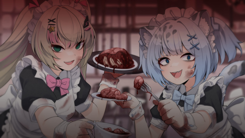 2girls :d absurdres alternate_costume animal_ears apron back_bow blank_eyes blonde_hair blood blue_bow blue_bowtie blue_eyes blue_hair bow bowtie cup enmaided fang food fork fuura_yuri green_eyes hair_ornament highres holding holding_cup holding_fork holding_plate holding_tray maid maid_headdress multicolored_hair multiple_girls open_mouth organs phase_connect pink_bow pink_bowtie pink_hair plate pov rinkou_ashelia smile star_(symbol) star_hair_ornament streaked_hair tail teacup tiger_ears tiger_girl tiger_tail tray upper_body valefal_coneri white_apron white_wrist_cuffs wrist_cuffs x_hair_ornament