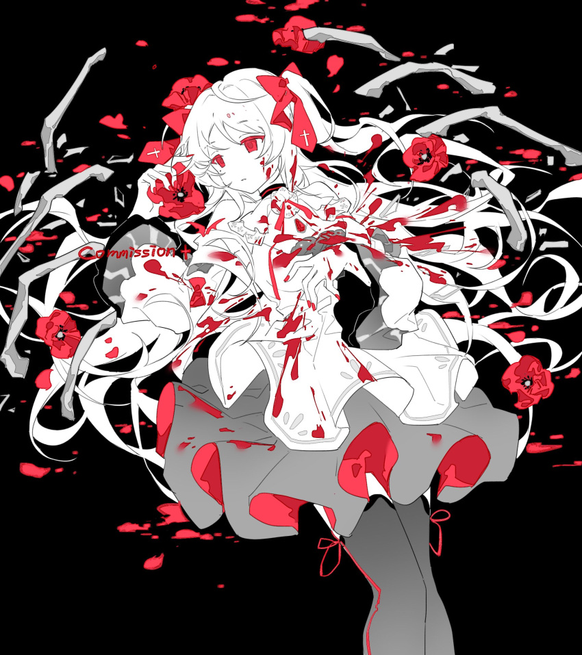 1girl ascot black_background black_choker blood bow breasts choker colored_skin commission detached_sleeves dress flower grey_thighhighs hair_bow highres limited_palette long_hair long_sleeves looking_to_the_side lying mechari on_back original pink_blood pink_bow pink_eyes pink_flower pink_nails pink_ribbon poppy_(flower) ribbon simple_background solo thighhighs two_side_up very_long_hair white_ascot white_dress white_hair white_skin