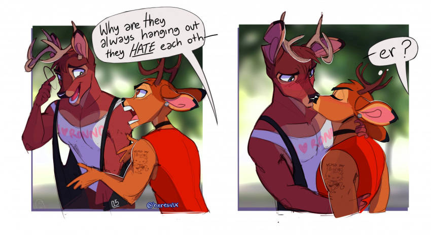2_panel_comic anthro antlers arm_tattoo bambi bambi_(film) border brown_body brown_fur capreoline choker clothing deer dialogue disney duo ear_piercing english_text eyes_closed fur half-closed_eyes heresvix horn humor jewelry kissing male mammal muscle_tone muscular muscular_anthro muscular_male narrowed_eyes necklace open_mouth open_smile piercing ronno shirt smile speech_bubble tank_top tattoo text topwear vest white-tailed_deer white_border
