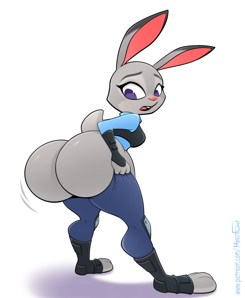 2023 absurd_res anthro artist_name big_butt breasts buckteeth butt clothing disney female fur grey_body grey_fur grey_hair hair hi_res huge_butt hyper hyper_butt hyperflannel judy_hopps lagomorph leporid looking_back looking_down mammal mooning motion_lines open_mouth pink_nose presenting presenting_hindquarters pulling_up_pants purple_eyes rabbit scut_tail shaking_butt short_tail solo solo_focus tail teeth thick_thighs wide_hips zootopia