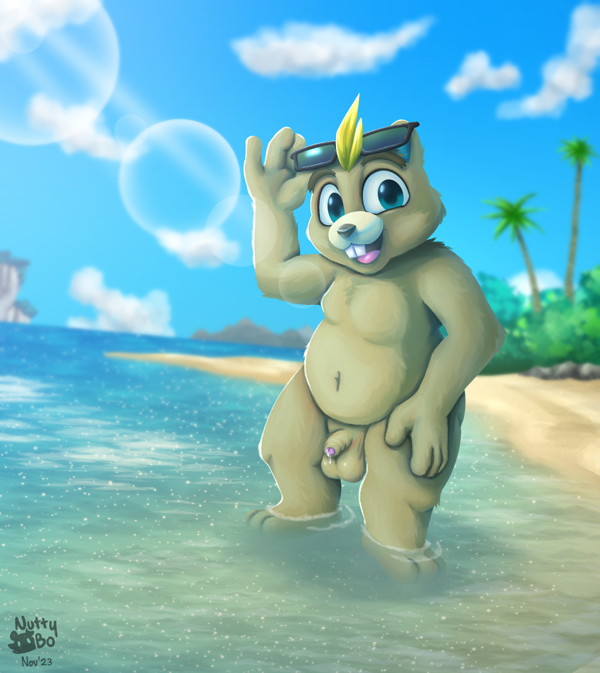 animal_crossing beach bodily_fluids buckteeth c.j._(animal_crossing) clothing foreskin fur genital_fluids genitals hair hi_res humanoid_genitalia humanoid_penis invalid_tag looking_at_viewer mammal nintendo nude nutty_bo open_mouth outside penis precum public sand seaside sky smile swimwear teeth water