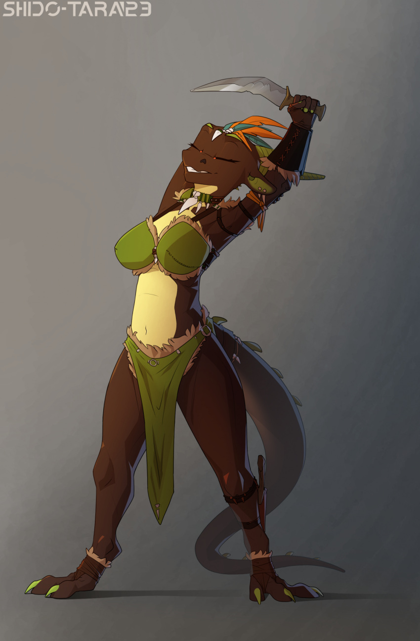 anthro bottomwear bra brown_body clothing dragon eyes_closed feathers female hi_res jewelry knife loincloth necklace scalie shido-tara simple_background sketch solo standing tribal underwear