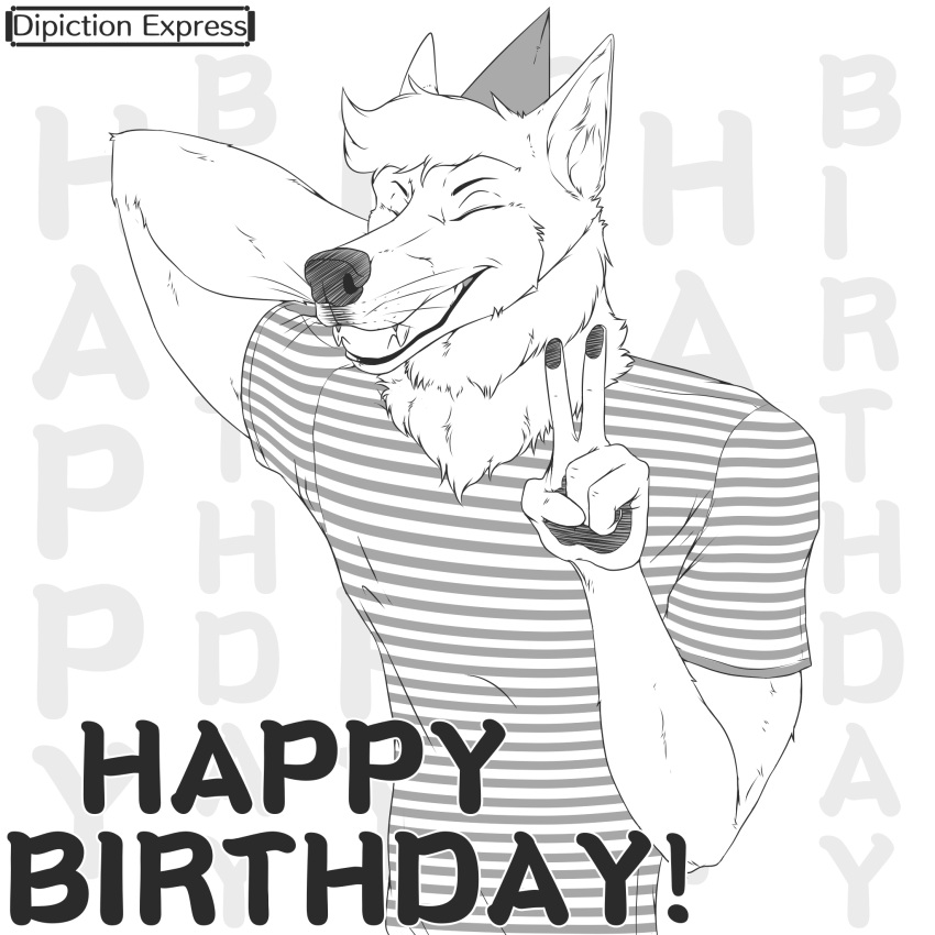 anthro birthday canid canine canis clothing conductor_ramirez_(depictionexpress) depictionexpress domestic_dog english_text eyes_closed gesture hair hand_behind_head hat headgear headwear hi_res husky male mammal nordic_sled_dog party_hat pattern_background pattern_clothing simple_background smile smiling_at_viewer solo solo_focus spitz striped_clothing stripes text v_sign wavy_hair