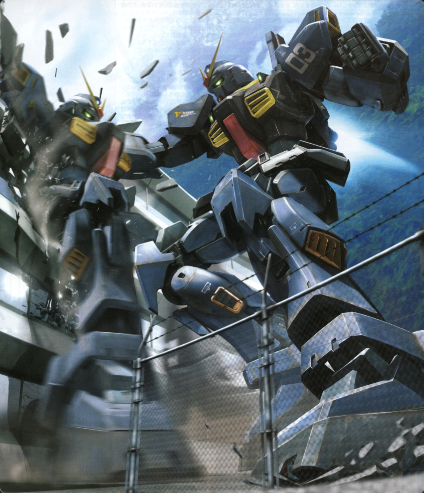 3d absurdres beam_saber city crushing fighting gundam gundam_mk_ii highres mecha military_base mobile_suit no_humans non-web_source official_art robot space_habitat titans_(gundam) v-fin zeta_gundam