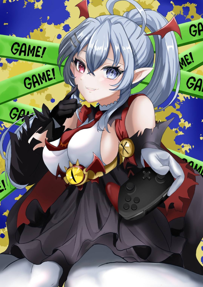 1girl asymmetrical_gloves black_dress black_gloves blush breasts controller dress fangs finger_to_cheek game_controller geega_(underworld_casual)_(vtuber) geega_(vtuber) gloves grey_eyes grey_hair hair_ornament hairpin head_wings heterochromia high_ponytail highres holding holding_controller holding_game_controller large_breasts leggings long_hair looking_at_viewer momomomooo13 necktie pointy_ears red_eyes red_necktie shirt smile solo virtual_youtuber vshojo white_gloves white_leggings white_shirt wings