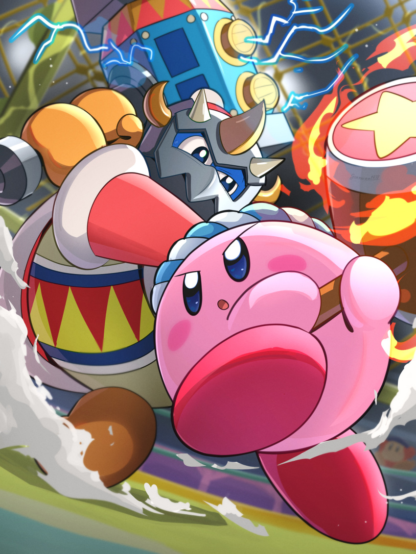 1boy 1other absurdres blue_hair cage fighting fire flaming_weapon from_below gonzarez hammer headband highres holding holding_hammer in_cage king_dedede kirby kirby_(series) lightning mask parted_lips striped_headband