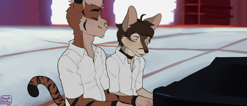 anthro blush cacomistle choker clothing duo eyes_closed felid frank_motta hi_res jewelry keyboard_instrument male male/male mammal musical_instrument necklace neon_genesis_evangelion pantherine piano procyonid ring-tailed_cat tiger ultrawide