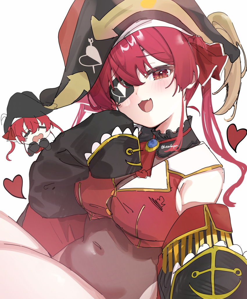 1girl absurdres ascot black_coat black_leotard breasts brooch chibi coat covered_navel eyepatch hat highres hololive houshou_marine jacket jewelry large_breasts laudayon leotard looking_at_viewer off_shoulder open_mouth pirate_hat red_ascot red_eyes red_hair red_jacket simple_background solo twitter_username virtual_youtuber white_background