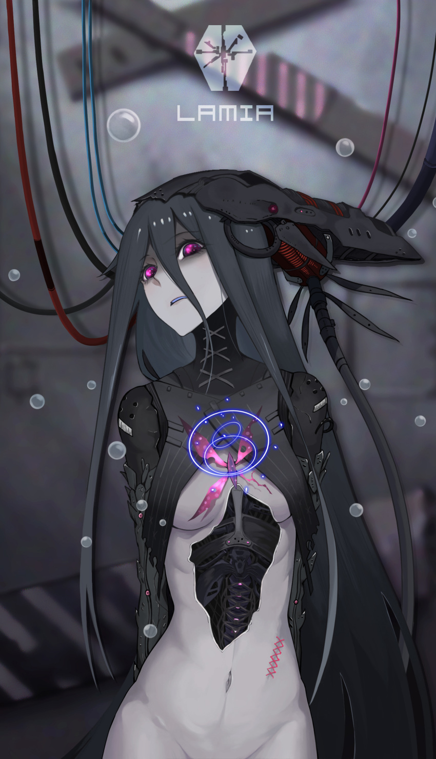 1girl absurdres blue_tongue breast_curtains breasts character_name colored_tongue hair_between_eyes headgear highres lamia_(punishing:_gray_raven) long_hair mechanical_arms navel parted_lips punishing:_gray_raven purple_eyes robot small_breasts