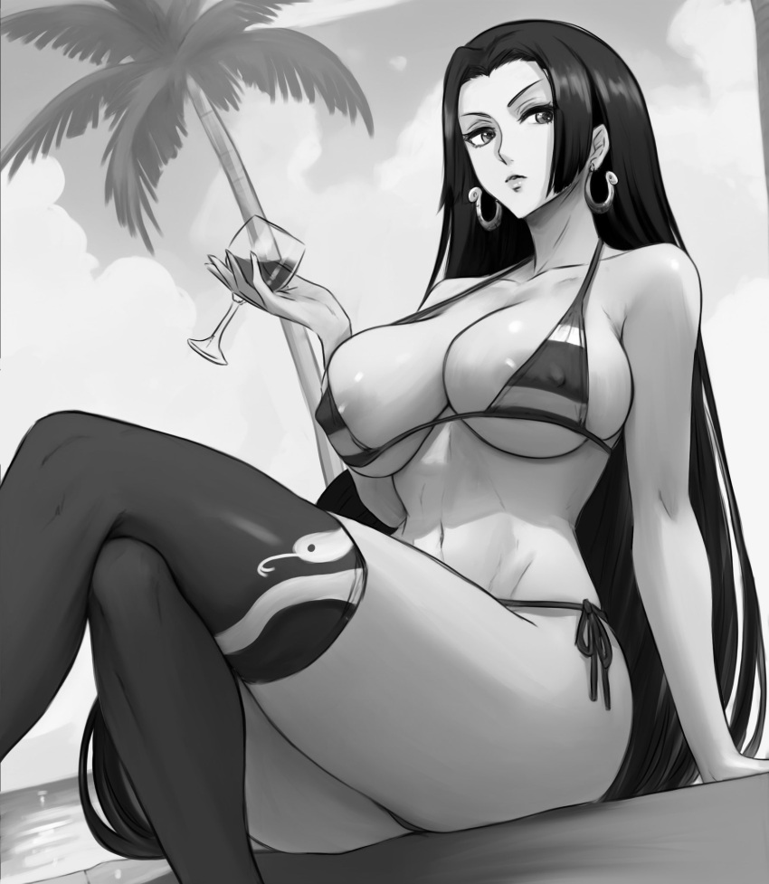 1girl areola_slip beach bikini boa_hancock breasts covered_nipples crossed_legs cup drinking_glass earrings highres holding holding_cup jewelry lady_shin large_breasts long_hair monochrome one_piece outdoors sitting snake_earrings swimsuit thighhighs very_long_hair