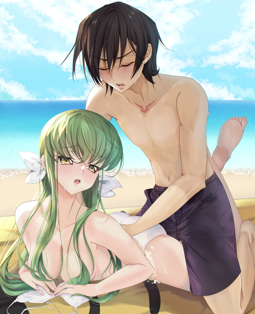 1boy 1girl absurdres applying_sunscreen arm_support ass bare_arms bare_shoulders barefoot beach bikini bikini_top_removed black_hair blue_sky blush boy_on_top breasts budgiepon c.c. chest_tattoo closed_eyes cloud code_geass collarbone commentary couple crossed_bangs crossed_legs day drooling embarrassed eyelashes eyes_visible_through_hair feet foot_up furrowed_brow green_hair hair_between_eyes hair_censor hair_over_breasts hair_ribbon hair_spread_out head_tilt hetero highres kneeling lelouch_vi_britannia lips long_hair lying medium_breasts mouth_drool ocean on_stomach open_mouth outdoors ribbon sexually_suggestive short_hair sidelocks sky soles sweat sweatdrop swimsuit tattoo teeth the_pose toes topless topless_male upper_teeth_only v-shaped_eyebrows very_long_hair white_bikini white_ribbon yellow_eyes