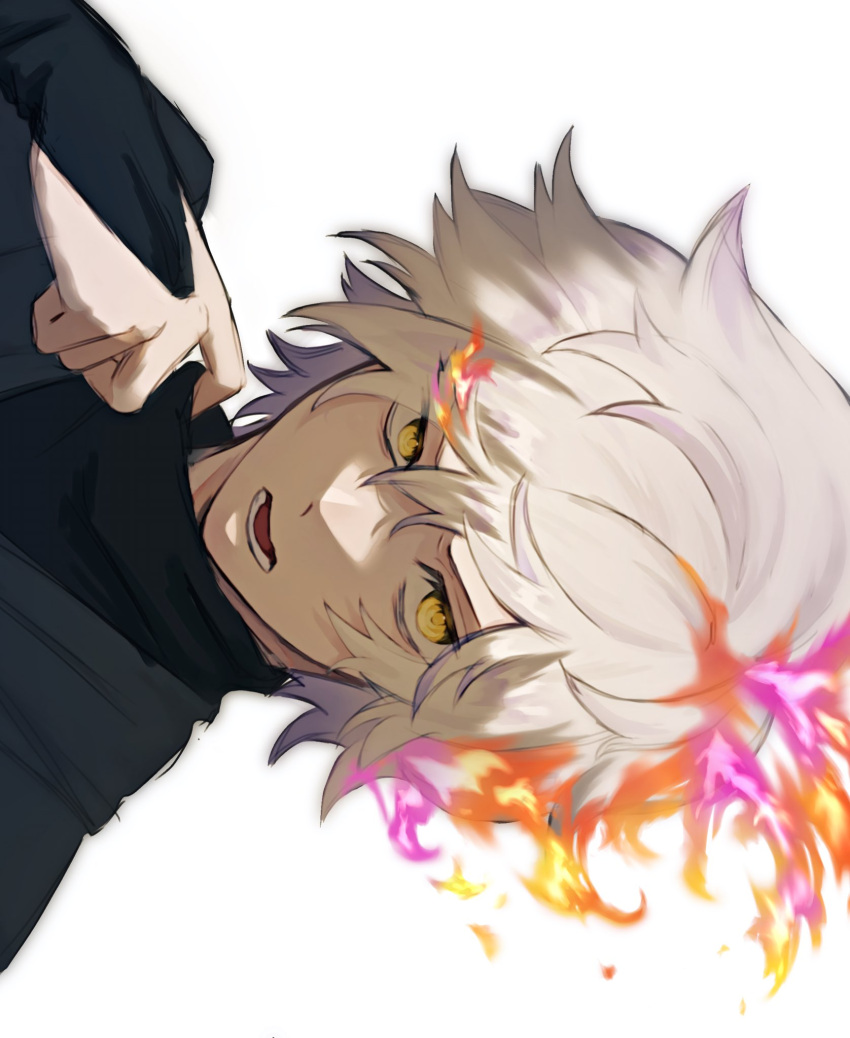 1boy black_robe bridal_gauntlets burning fire gabimaru highres jigokuraku looking_at_viewer open_mouth robe short_hair sideways simple_background solo suna_zgkrk white_background white_hair yellow_eyes