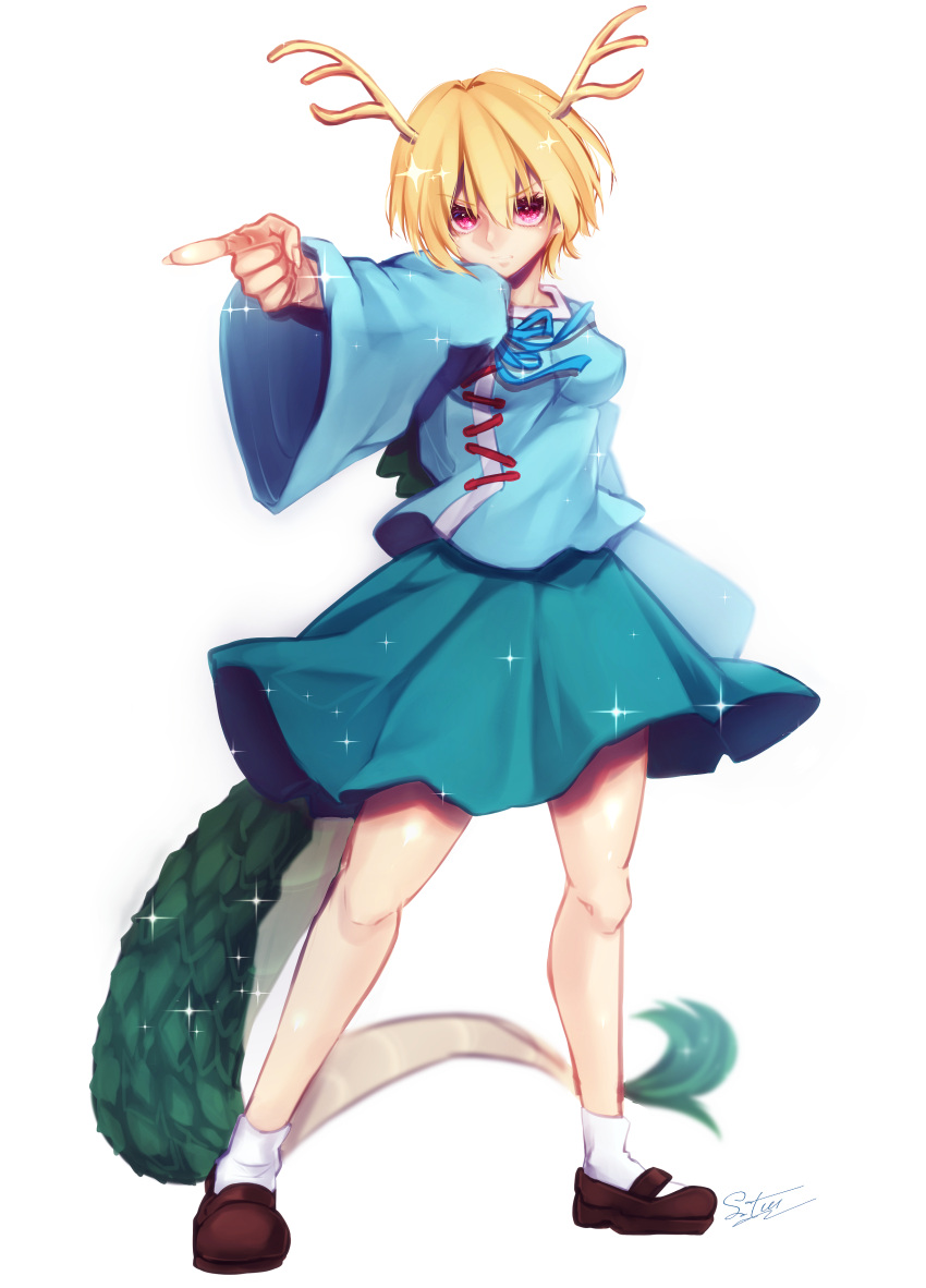 1girl absurdres antlers blonde_hair blue_shirt dragon_girl dragon_horns dragon_tail highres horns kicchou_yachie red_eyes same_tiii shirt short_hair square_neckline tail touhou turtle_shell yellow_horns