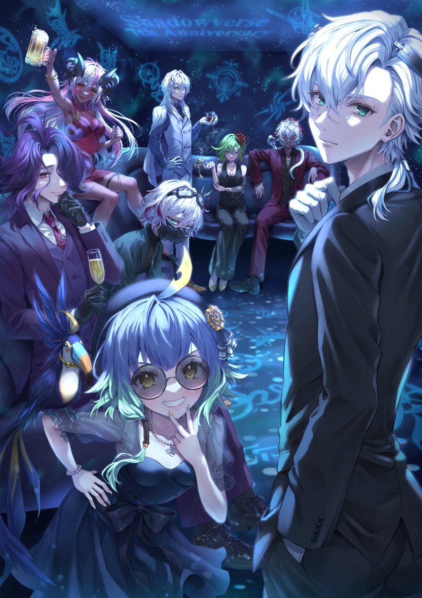 4boys 4girls :d :| absurdres ahoge alcohol animal_on_arm antemaria_(shadowverse) antlers barbaros_(shadowverse) beer bird bird_on_arm blonde_hair blue_eyes blue_hair bow bowtie bracelet chain champagne clenched_hand closed_mouth couch cup cutthroat_(shadowverse) detached_sleeves dress drinking_glass erralde_(shadowverse) floral_print flower garodeth_(shadowverse) gas_mask glasses gloves goggles goggles_on_head green_hair hair_flower hair_ornament hand_on_own_chin hand_on_own_hip hat highres horns incense istyndet_(shadowverse) jacket jacket_on_shoulders jewelry kyrzael_(shadowverse) long_hair looking_at_viewer magachiyo_(shadowverse) makeup mask matching_outfits multicolored_clothes multicolored_hair multiple_boys multiple_girls nail_polish necklace pink_hair pointy_ears ponytail purple_hair rachel_(ry-0820-love-asmjgtk02) red_eyes red_flower scar scar_on_face see-through see-through_sleeves sephie_(shadowverse) shadowverse sharp_teeth single_antler sleeveless sleeveless_dress slouching smile smoking smoking_pipe snake sunglasses syringe teeth toasting_(gesture) toucan two-tone_hair v white_hair wine wine_glass yellow_eyes