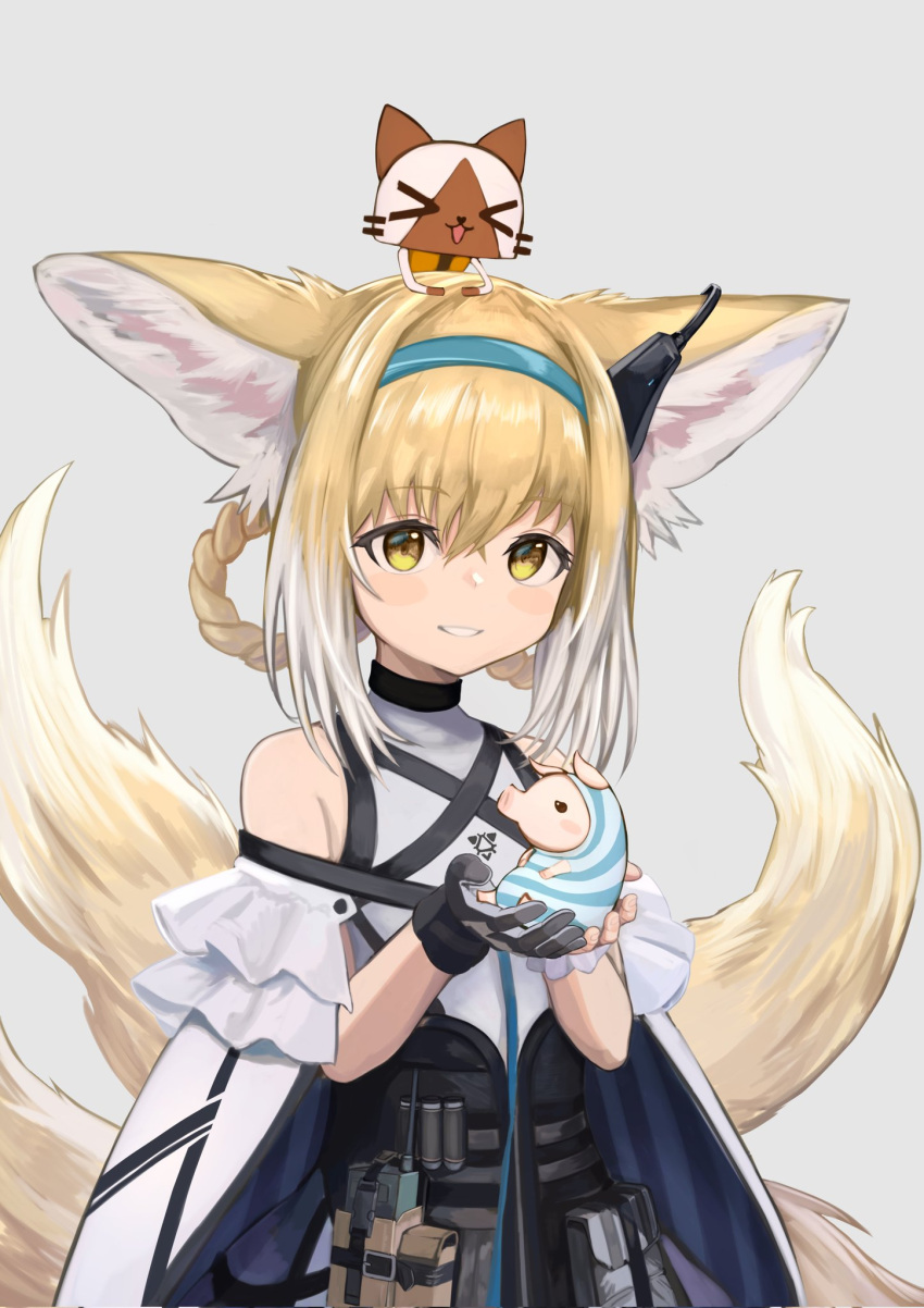 1girl animal_ears animal_on_head arknights bare_shoulders black_gloves blonde_hair braid braided_hair_rings cat cat_on_head colored_tips commentary_request creature crossover dress earpiece felyne fox_ears fox_girl fox_tail frilled_sleeves frills gloves grey_background hair_between_eyes hair_rings highres holding holding_creature kitsune kyuubi monster_hunter_(series) multicolored_hair multiple_tails on_head oyatsuming parted_lips poogie simple_background single_glove suzuran_(arknights) tail teeth two-tone_hair upper_body white_hair