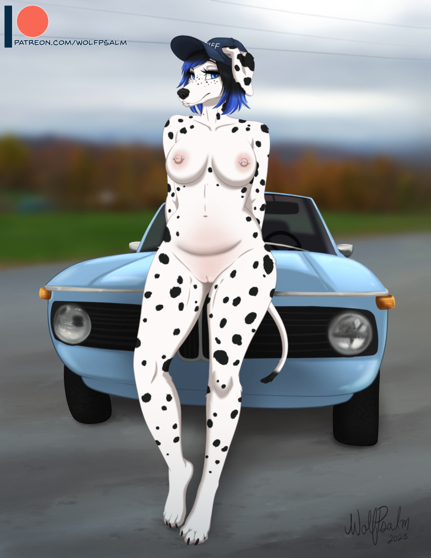 2023 4_toes anthro black_hair black_nose black_spots bmw breasts canid canine canis car claws clothing dalmatian digital_media_(artwork) domestic_dog feet female fur genitals hair hands_behind_back hat hat_only headgear headgear_only headwear headwear_only hi_res highlights_(coloring) hindpaw mammal mechanic mostly_nude navel nipple_piercing nipples nude paws piercing purple_eyes purple_highlights pussy roxy_(wolfpsalm) signature solo spots spotted_body spotted_fur text toe_claws toes url vehicle white_body white_fur wolfpsalm