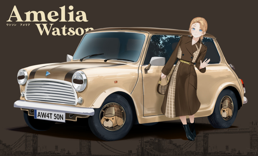 1girl bag belt blonde_hair blush boots car character_name commentary english_commentary english_text ex-trident forehead full_body grin handbag highres hololive hololive_english long_hair long_skirt looking_at_viewer motor_vehicle skirt smile solo virtual_youtuber watson_amelia
