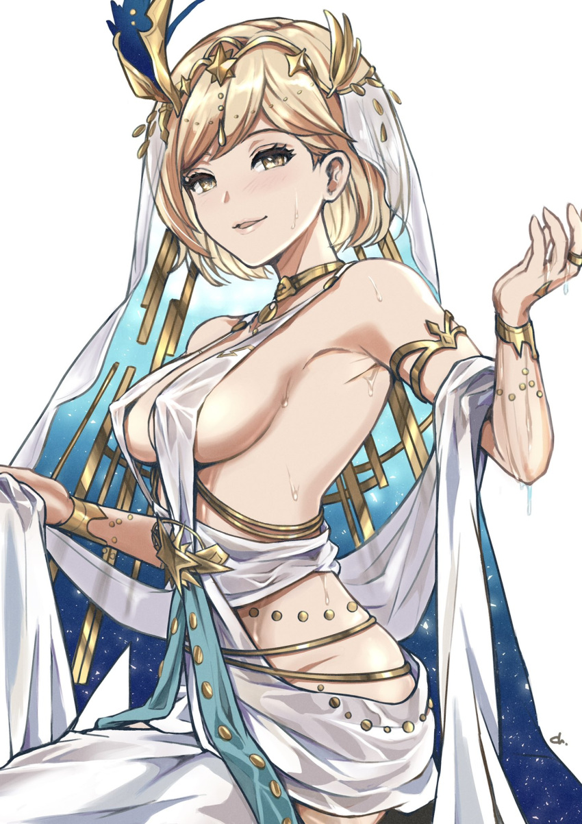 1girl arabian_clothes blonde_hair bracelet breasts circlet covered_nipples djeeta_(granblue_fantasy) glanbluefanta gold_collar granblue_fantasy highres iatromantis_(granblue_fantasy) jewelry light_smile medium_breasts revealing_clothes shawl sideboob solo sweat veil white_headdress white_shawl wrist_guards yellow_eyes