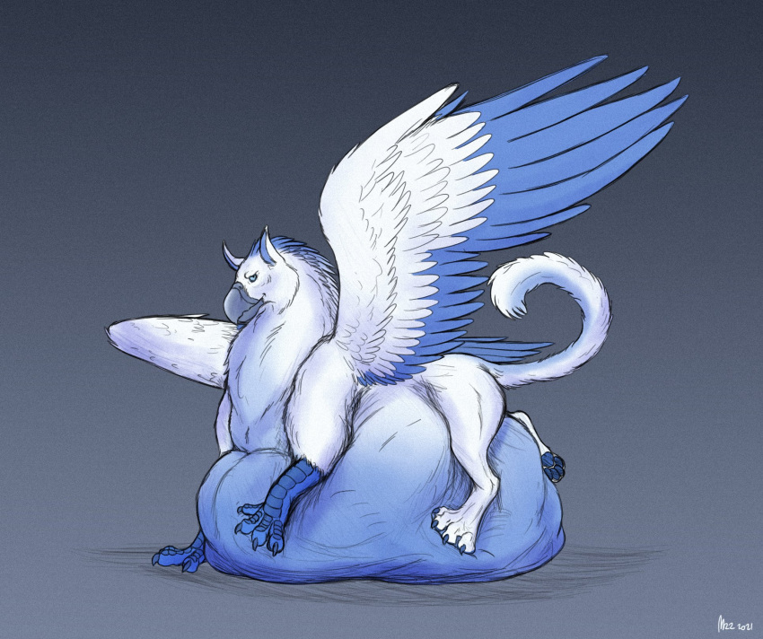 avian beak belly big_belly blue_body blue_eyes blue_fur feral feral_pred fur gryphon hi_res looking_at_viewer lying male mythological_avian mythology on_front solo thatgryphonguy vore white_body white_fur wings