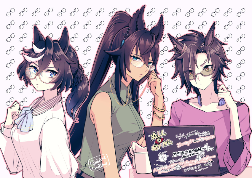 3girls air_shakur_(umamusume) animal_ears bare_shoulders bespectacled black_hair blue_bow blue_eyes bow closed_mouth commentary_request computer dark-skinned_female dark_skin ear_ornament ear_piercing earrings glasses green_shirt hair_between_eyes hair_ornament headphones hi_(ibisf5umauma) highres horse_ears horse_girl jewelry katsuragi_ace_(umamusume) laptop long_hair long_sleeves looking_at_viewer math multicolored_hair multiple_girls piercing ponytail purple_shirt rimless_eyewear semi-rimless_eyewear shirt single_earring sleeveless sleeveless_shirt streaked_hair symboli_kris_s_(umamusume) twitter_username umamusume very_long_hair white_hair white_shirt yellow_eyes