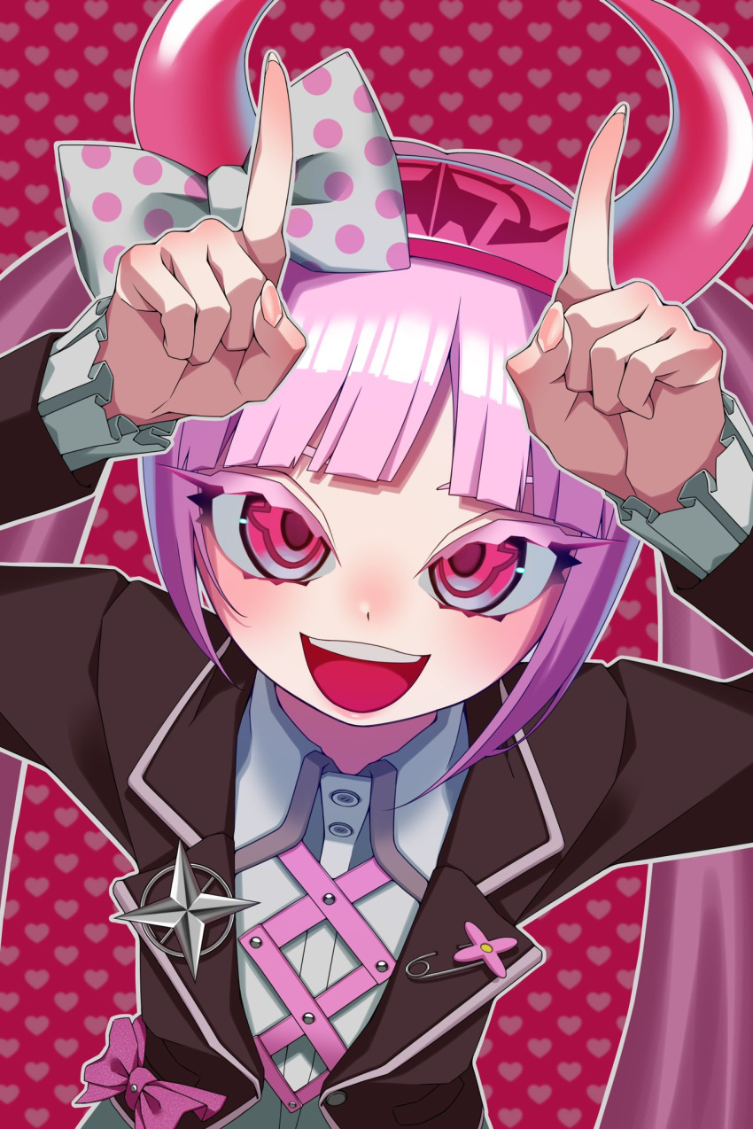 1girl :d arms_up black_jacket blunt_bangs bow collared_shirt danganronpa_(series) danganronpa_another_episode:_ultra_despair_girls fake_horns hairband heart heart_background hexart+81 highres horns index_finger_raised jacket long_hair long_sleeves looking_at_viewer open_clothes open_jacket open_mouth pink_bow pink_eyes pink_hair polka_dot polka_dot_bow red_background shirt smile solo teeth twintails upper_teeth_only utsugi_kotoko white_shirt