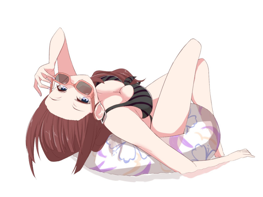 1girl adjusting_eyewear arm_up assault_lily bare_arms bare_legs bare_shoulders bikini black_bikini blue_eyes breasts brown_hair cleavage closed_mouth commentary crossed_legs earrings forehead from_behind full_body gumoyu highres innertube jewelry kaede_johan_nouvel knees_up long_hair looking_at_viewer looking_back looking_over_eyewear medium_breasts official_alternate_costume reclining red-framed_eyewear simple_background solo stud_earrings sunglasses swimsuit upside-down white_background