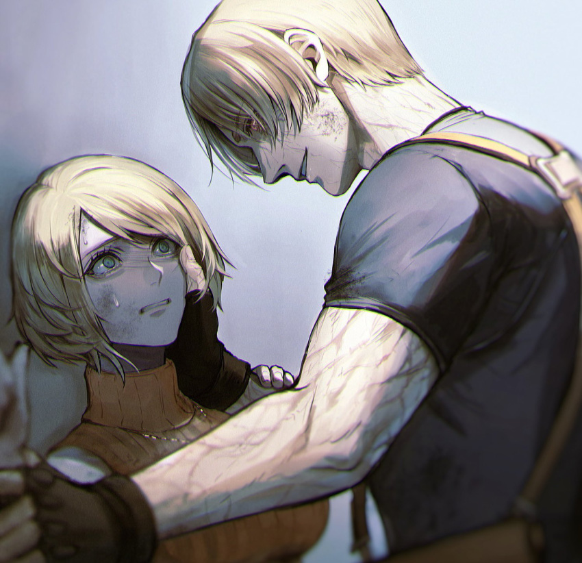 1boy 1girl 428saaan aqua_eyes ashley_graham black_shirt blonde_hair blurry bob_cut brown_hair constricted_pupils curtained_hair depth_of_field fingerless_gloves gloves hand_on_another's_arm hand_on_another's_cheek hand_on_another's_face height_difference highres las_plagas leon_s._kennedy looking_at_another mind_control muscular muscular_male orange_shirt red_eyes resident_evil resident_evil_4 resident_evil_4_(remake) restrained scared shirt short_hair sleeveless sleeveless_turtleneck smile sweat t-shirt tight_clothes tight_shirt turtleneck