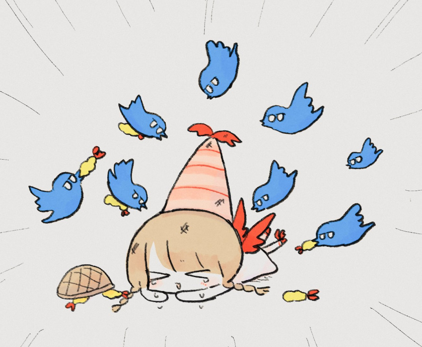 &gt;_&lt; 1girl animal ankonomainiti basket bird blonde_hair blue_bird braid chibi closed_eyes crying dress food full_body hat lying on_stomach open_mouth original red_footwear red_wings shrimp shrimp_tempura simple_background solo tears tempura twin_braids twitter_bird white_background white_dress winged_footwear wings