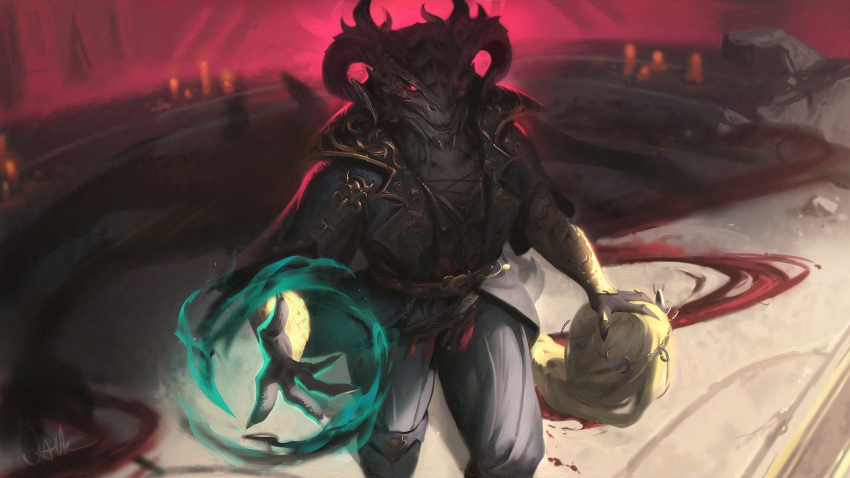 anthro baldur's_gate bare_chest blood bodily_fluids claws clothing decapitation detailed_background dragonborn_(dnd) dungeons_and_dragons duo female glowing glowing_eyes hair hasbro headless hi_res holding_object horn human humanoid jack_nguyen male male/female mammal orin_the_red red_eyes scales scalie severed_head smile spikes the_dark_urge_(baldur's_gate) white_body white_scales wizards_of_the_coast