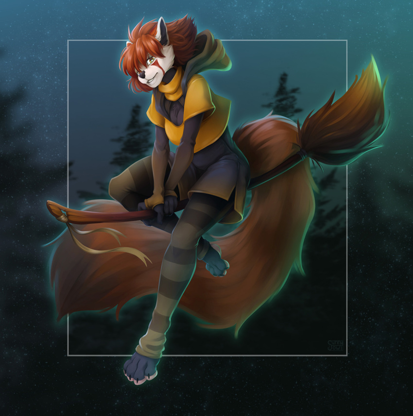 2022 4_toes 5_fingers ailurid anthro breasts brown_hair clothed clothing detailed_background digital_media_(artwork) feet female fingers fur hair hi_res looking_at_viewer mammal night outside red_panda sky smile solo star starry_sky sunnyowi toes white_body white_fur