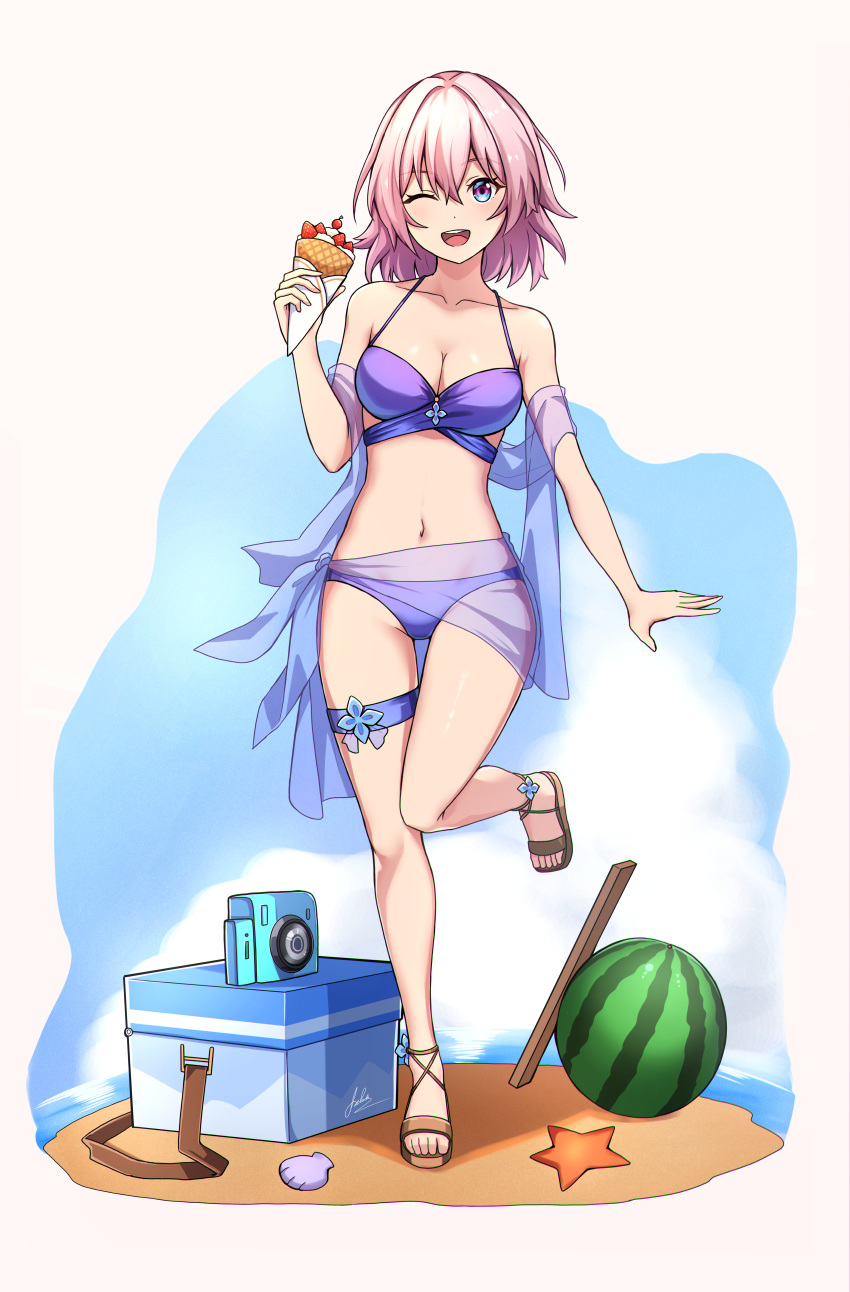 1girl ;d absurdres alternate_costume aoikito_lavender086 bare_legs bikini blue_eyes camera commentary_request food fruit full_body highres holding holding_food honkai:_star_rail honkai_(series) ice_cream_cone looking_at_viewer march_7th_(honkai:_star_rail) navel one_eye_closed open_mouth pink_hair purple_bikini sandals sarong shawl short_hair smile solo standing standing_on_one_leg stomach swimsuit thigh_strap thighs watermelon