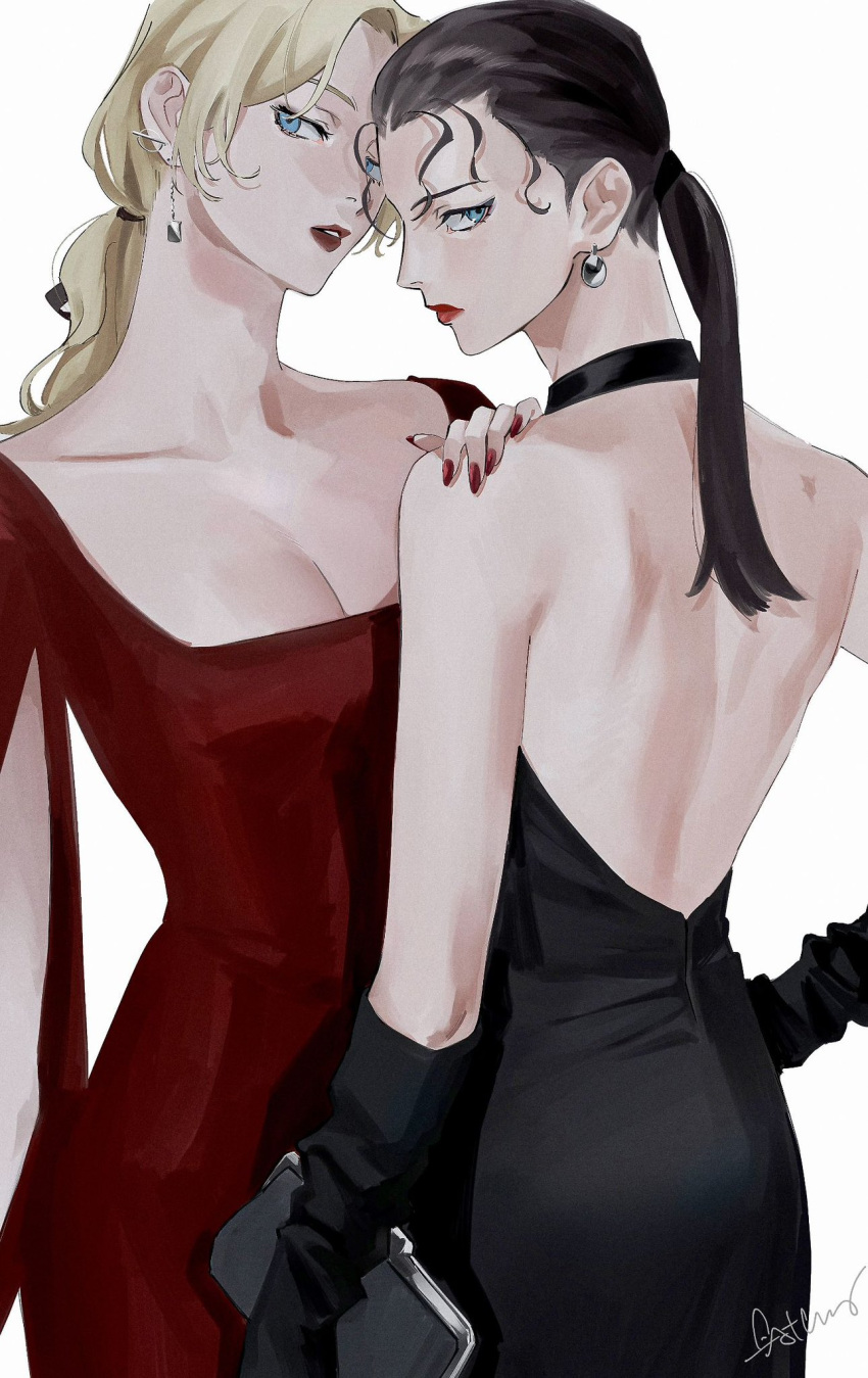 2girls ass backless_dress backless_outfit bare_back bare_shoulders black_gloves black_hair blonde_hair blue_eyes breasts choker cleavage closed_mouth cocktail_dress cowboy_shot dress earrings formal gloves hair_pulled_back hand_on_another's_shoulder hand_on_own_hip head_tilt highres holding jewelry lipstick long_hair long_sleeves looking_at_viewer makeup meitantei_conan mizunashi_rena multiple_girls nail_polish parted_bangs parted_lips ponytail profile red_dress red_lips red_nails roru_(lol_dessin) simple_background strapless strapless_dress vermouth_(meitantei_conan) wavy_hair white_background