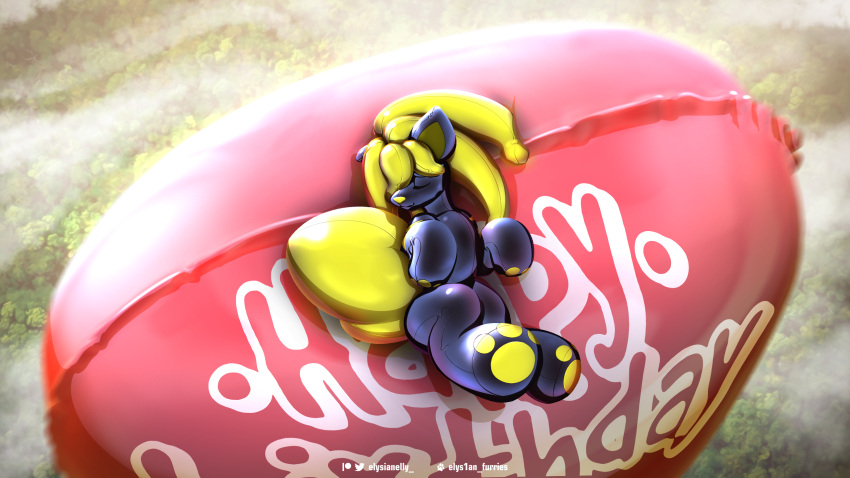 animate_inanimate balloon bee_(helioshigh) elysianelly glistening glistening_body hi_res inflatable inflatable_transformation inflation living_inflatable lying male on_back outside pool_toy rubber solo transformation
