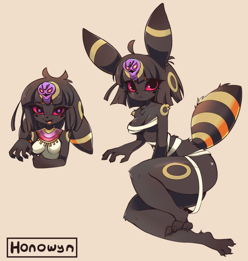 animal_crossing ankha_(animal_crossing) anthro biped black_body black_fur black_hair breasts cc-by-nc-sa creative_commons eeveelution egyptian female fingers fur generation_2_pokemon hair hi_res honowyn nintendo pokemon pokemon_(species) solo tail umbreon