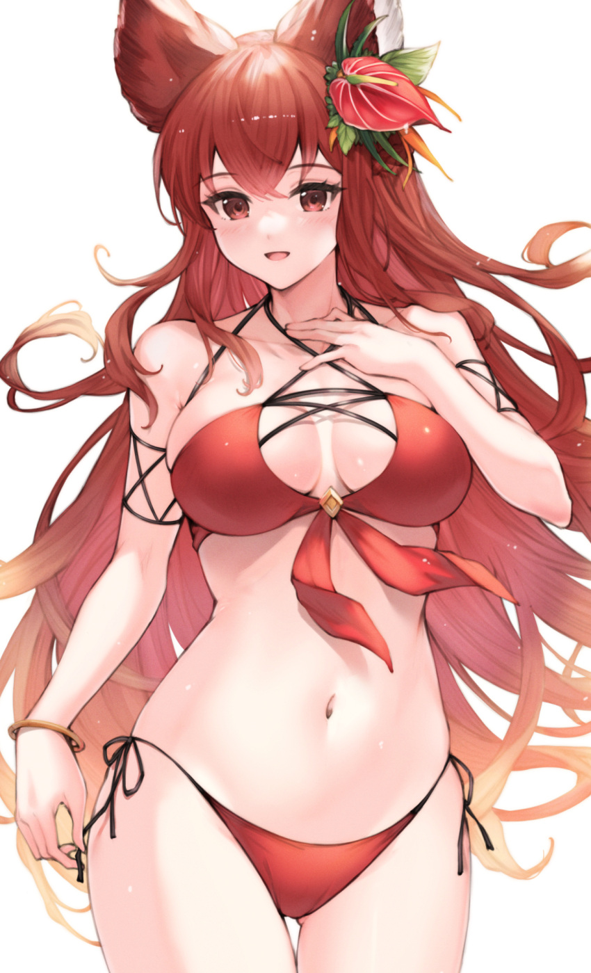 1girl animal_ears anthuria ass_visible_through_thighs bikini breasts erune flower gradient_hair granblue_fantasy hair_flower hair_ornament hand_on_own_chest highres koretsuki_azuma large_breasts long_hair looking_at_viewer medium_breasts multicolored_hair navel open_mouth orange_hair red_bikini red_eyes red_hair revision side-tie_bikini_bottom simple_background smile solo swimsuit white_background