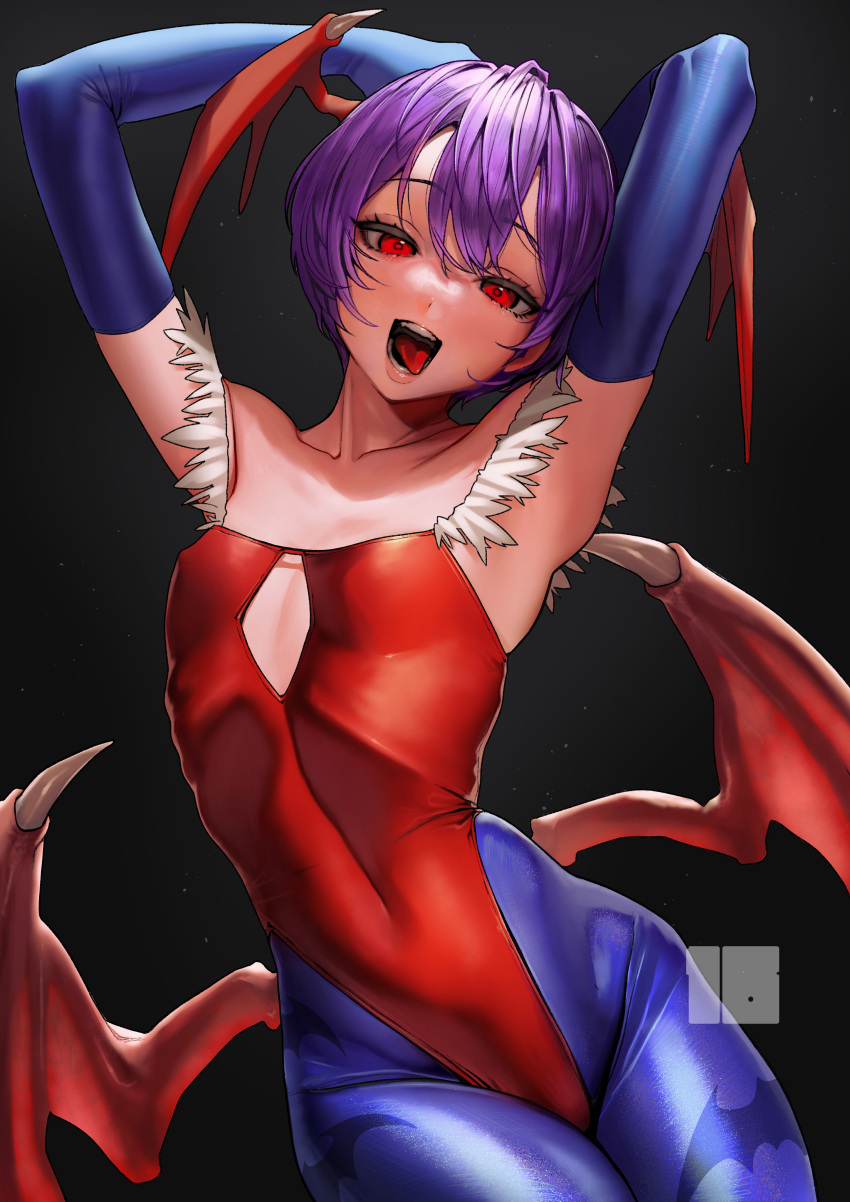 1girl absurdres animal_print armpits arms_up bat_print bat_wings blue_gloves blue_pantyhose breasts collarbone commentary_request covered_navel diamond_cutout elbow_gloves gloves hair_between_eyes head_wings highres leotard lilith_aensland low_wings nanja open_mouth pantyhose petite print_pantyhose purple_hair red_eyes red_leotard short_hair skin_tight skindentation small_breasts solo tongue tongue_out vampire_(game) wings